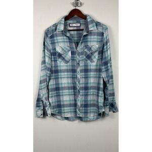 BKE Mens Standard Fit Plaid Button Down Shirt Teal Blue White Long Sleeve